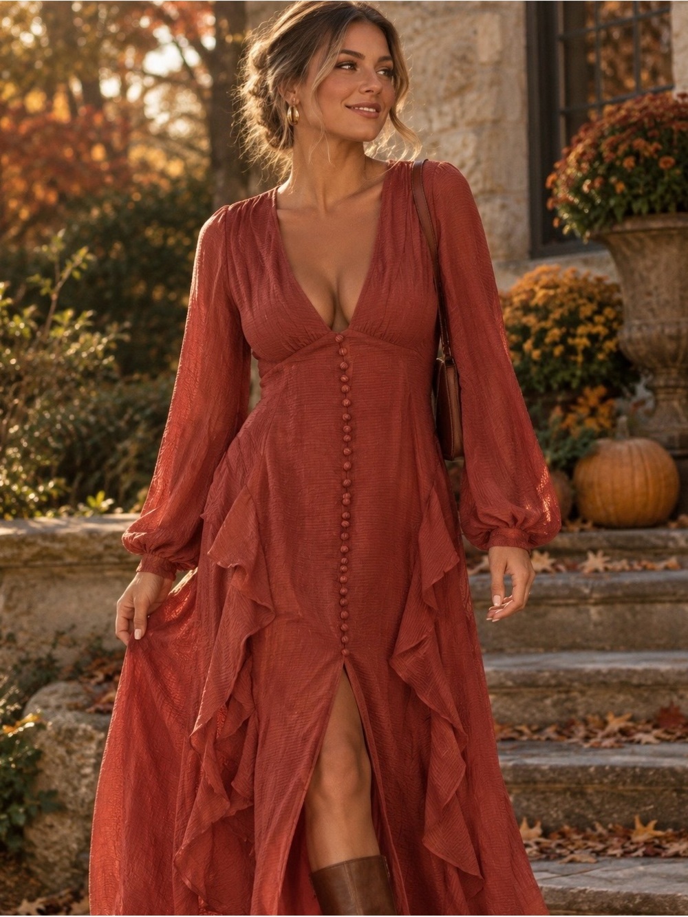Perfect Fall Rust Long Sleeve V-Neck Ruffled Maxi Dress